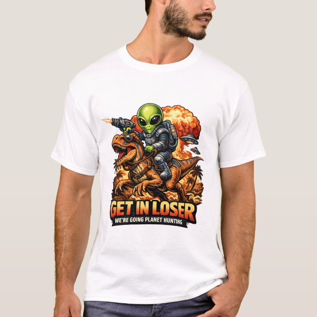 Funny Sci-Fi Fantasy Meme Art, Alien Riding Dinosa T-Shirt (Front)