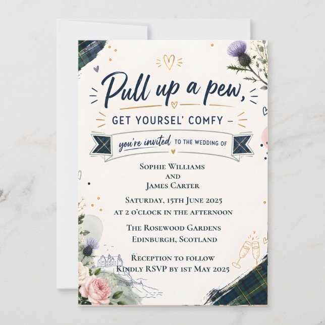 Funny Scottish Wedding Invitation | Pull Up A Pew  (Front)