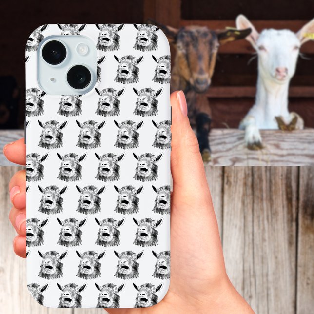 Funny Screaming Goat Drawing Quirky Animal Art Cas Case-Mate iPhone Case (Funny screaming goat drawing black and white animal art pattern iPhone case)