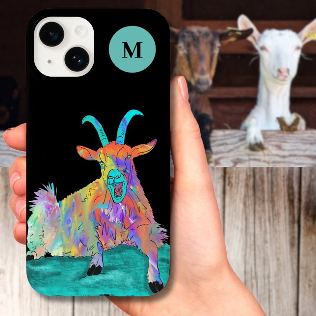 Funny Screaming Goat Monogram Initial  iPhone Case (Funny screaming goat colorful farm animal illustration with monogram initial custom iPhone case)