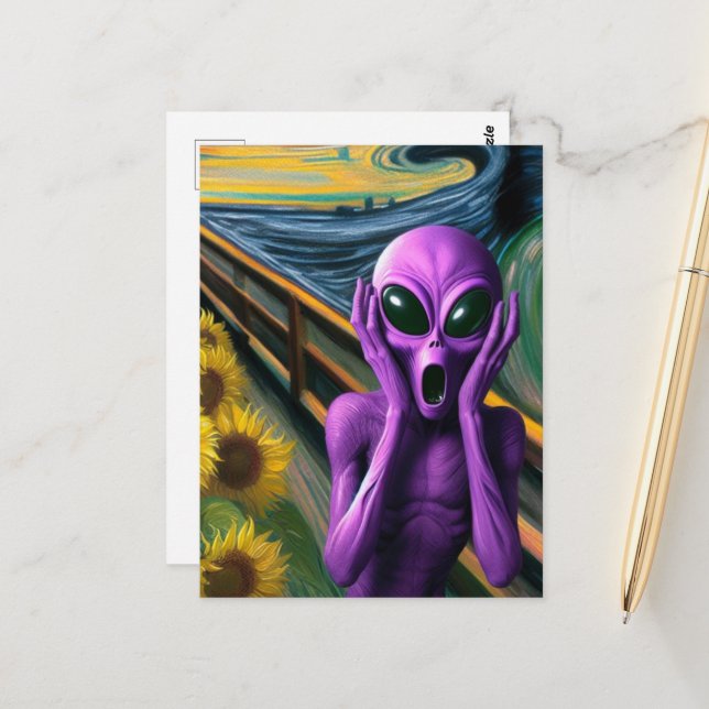 Funny Screaming Purple Alien Fine Art Parody Postcard (Front/Back In Situ)