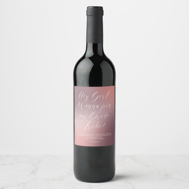 Funny Script Pink Ombré Bride Tribe Bridesmaid Wine Label (Front)