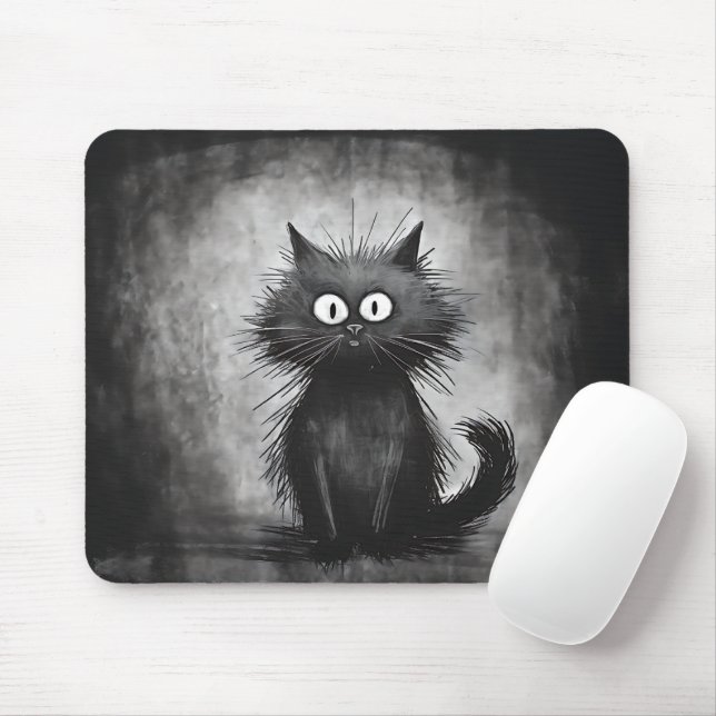Funny Scruffy Black Cat Mouse Mat (With Mouse)