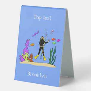 Funny scuba diver and fish sea creatures cartoon