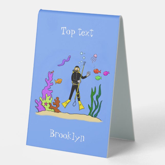 Funny scuba diver and fish sea creatures cartoon (Front)