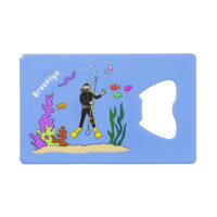 Funny scuba diver and fish sea creatures cartoon