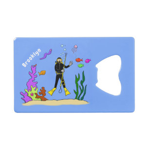 Funny scuba diver and fish sea creatures cartoon