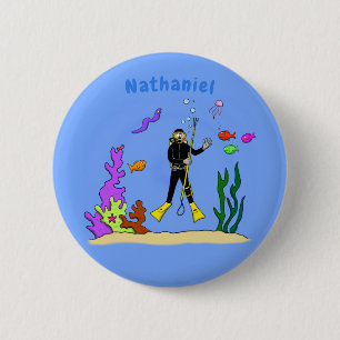 Funny scuba diver and fish sea creatures cartoon 6 cm round badge