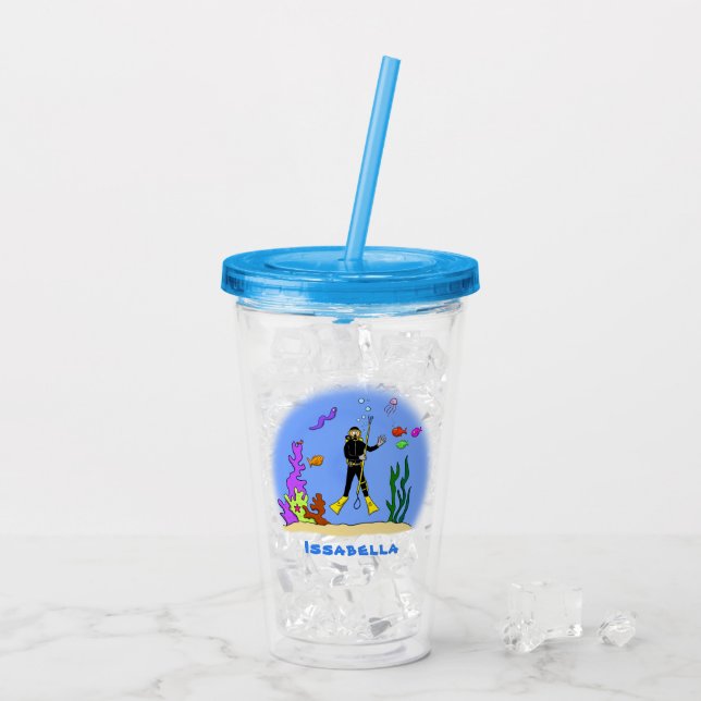 Funny scuba diver and fish sea creatures cartoon acrylic tumbler (Back Ice)
