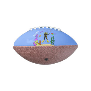 Funny scuba diver and fish sea creatures cartoon american football