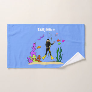 Funny scuba diver and fish sea creatures cartoon bath towel set