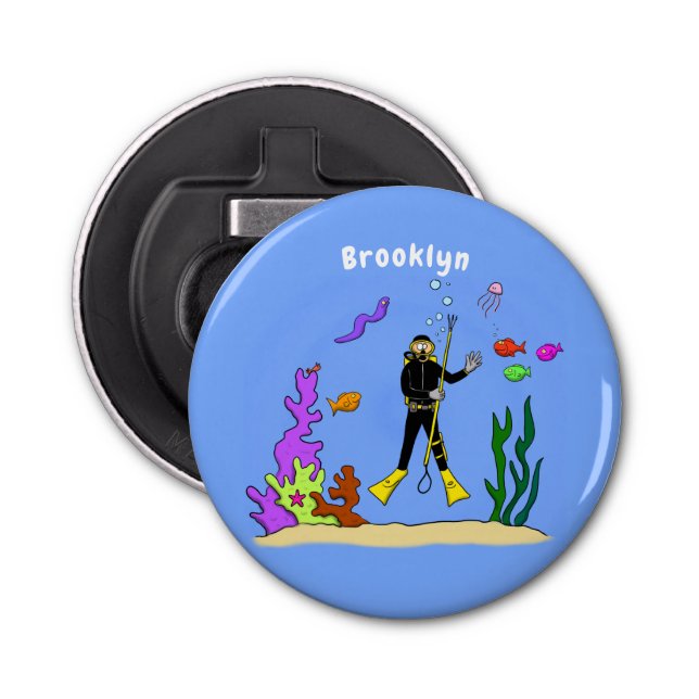 Funny scuba diver and fish sea creatures cartoon bottle opener (Front)