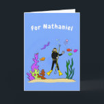 Funny scuba diver and fish sea creatures cartoon card<br><div class="desc">This cute design features our cartoon scuba diver surrounded by curious sea life. Bright happy aquatic fun!</div>