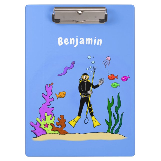 Funny scuba diver and fish sea creatures cartoon clipboard (Front)