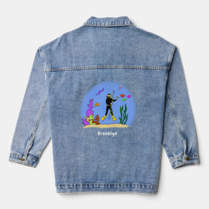 Funny scuba diver and fish sea creatures cartoon denim jacket