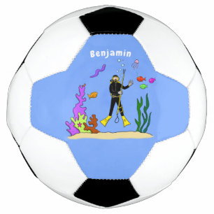 Funny scuba diver and fish sea creatures cartoon football