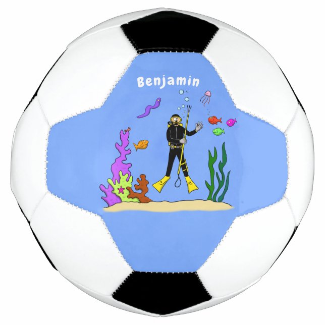 Funny scuba diver and fish sea creatures cartoon football (Front)