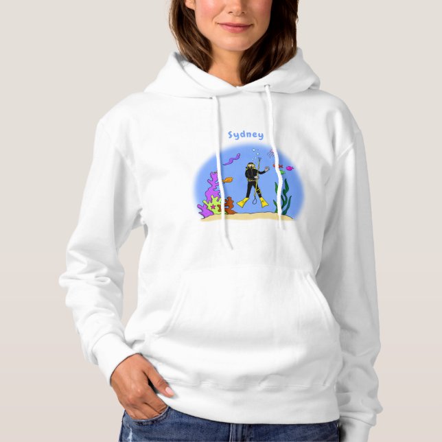Funny scuba diver and fish sea creatures cartoon hoodie (Front)