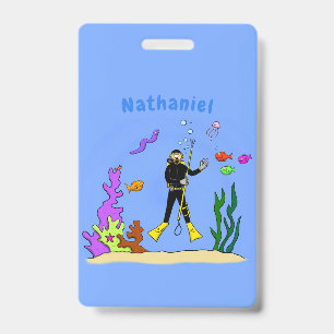 Funny scuba diver and fish sea creatures cartoon ID badge