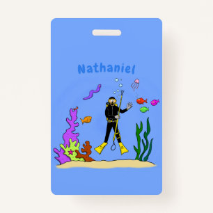 Funny scuba diver and fish sea creatures cartoon ID badge