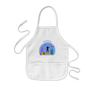 Funny scuba diver and fish sea creatures cartoon kids apron