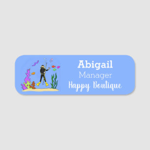 Funny scuba diver and fish sea creatures cartoon name tag