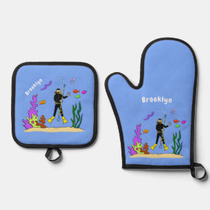 Funny scuba diver and fish sea creatures cartoon oven mitt & pot holder set