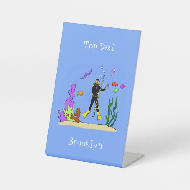 Funny scuba diver and fish sea creatures cartoon pedestal sign (Front)