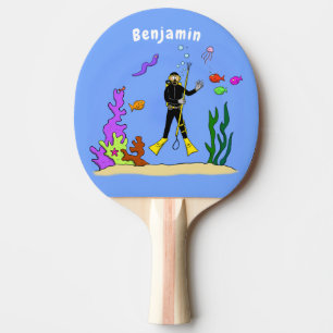 Funny scuba diver and fish sea creatures cartoon ping pong paddle