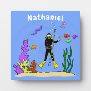 Funny scuba diver and fish sea creatures cartoon plaque