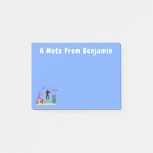 Funny scuba diver and fish sea creatures cartoon post-it notes