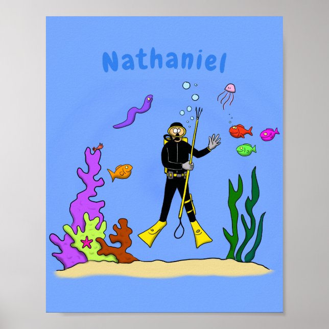 Funny scuba diver and fish sea creatures cartoon poster (Front)