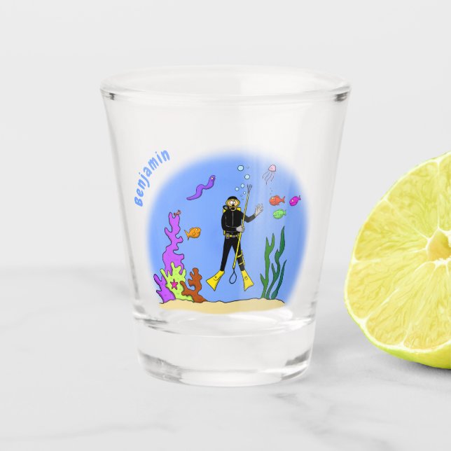 Funny scuba diver and fish sea creatures cartoon shot glass (Front)
