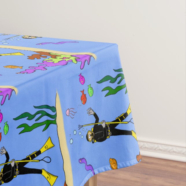 Funny scuba diver and fish sea creatures cartoon tablecloth (In Situ)