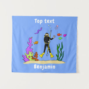 Funny scuba diver and fish sea creatures cartoon tapestry