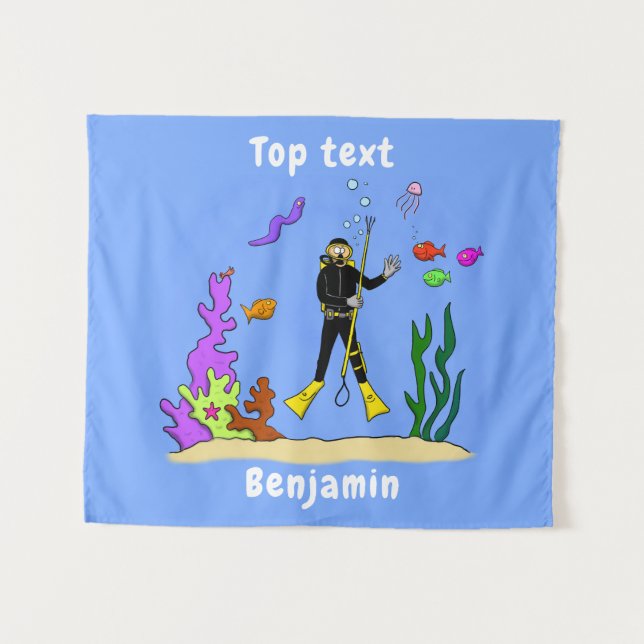 Funny scuba diver and fish sea creatures cartoon tapestry (Front (Horizontal))