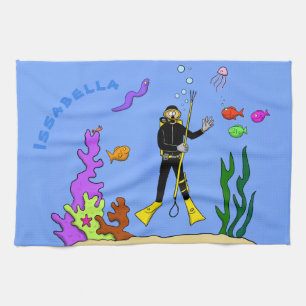 Funny scuba diver and fish sea creatures cartoon tea towel
