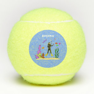 Funny scuba diver and fish sea creatures cartoon tennis balls