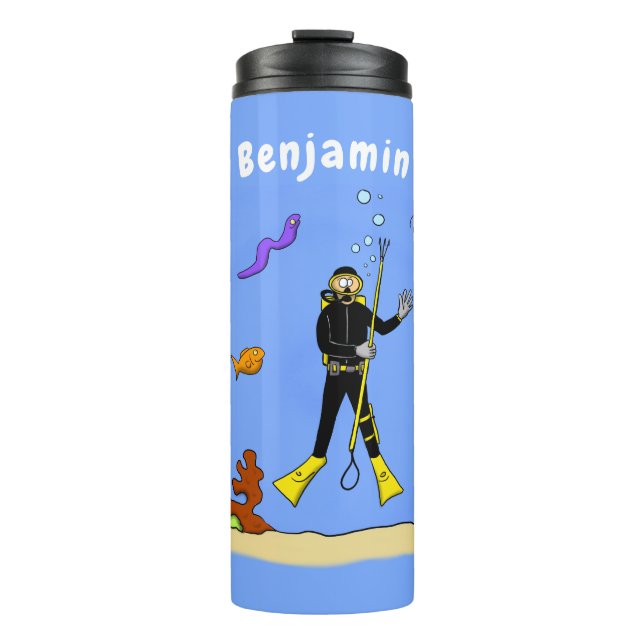 Funny scuba diver and fish sea creatures cartoon thermal tumbler (Front)