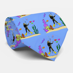 Funny scuba diver and fish sea creatures cartoon tie