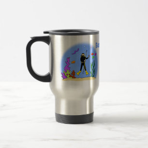 Funny scuba diver and fish sea creatures cartoon travel mug