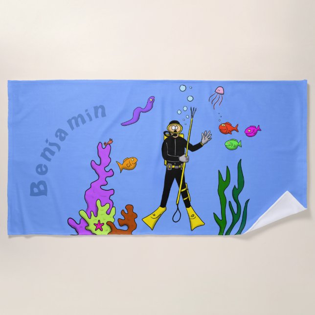 Funny scuba diver and friendly fish cartoon towel (Front)