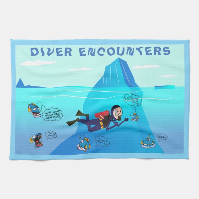 FUNNY SCUBA DIVER FISH ENCOUNTER. TEA TOWEL (Horizontal)