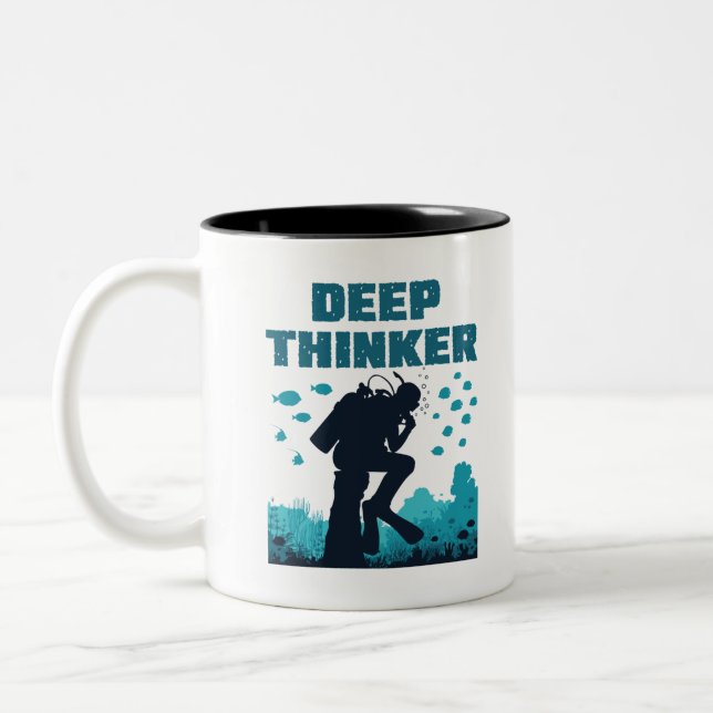 Funny Scuba Diving Diver Deep Thinker Rodin Two-Tone Coffee Mug (Left)