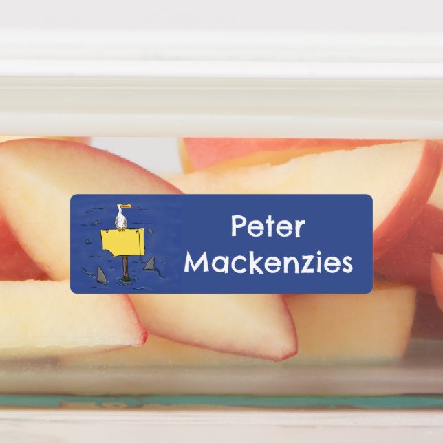 Funny sea bird circled by sharks cartoon (Affixed)