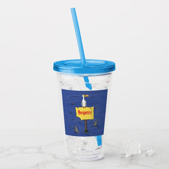Funny sea bird circled by sharks cartoon acrylic tumbler (Front Ice)