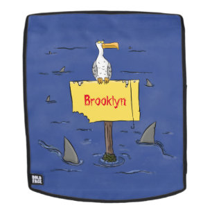 Funny sea bird circled by sharks cartoon backpack