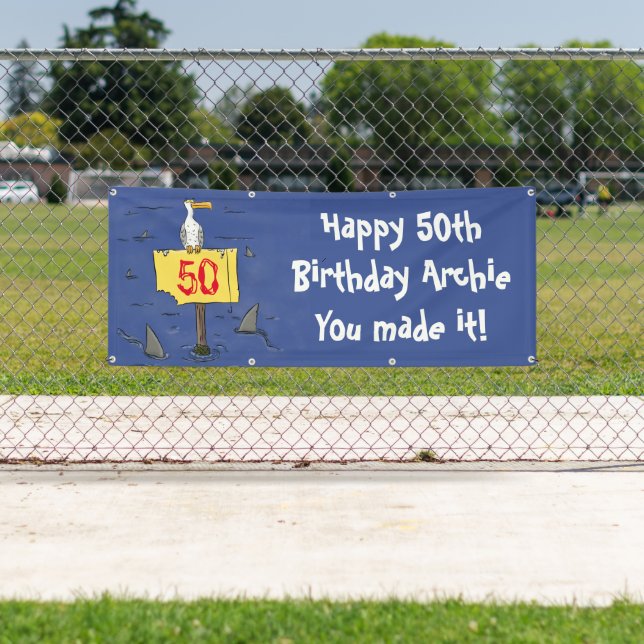 Funny sea bird circled by sharks cartoon banner (Insitu)