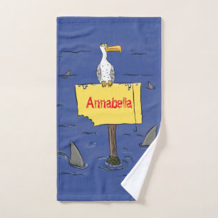 Funny sea bird circled by sharks cartoon bath towel set
