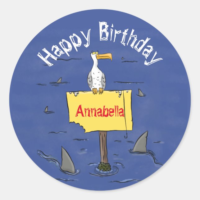 Funny sea bird circled by sharks cartoon classic round sticker (Front)